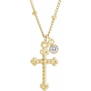 14K Yellow .06 CT Natural Diamond Beaded Cross 20" Necklace