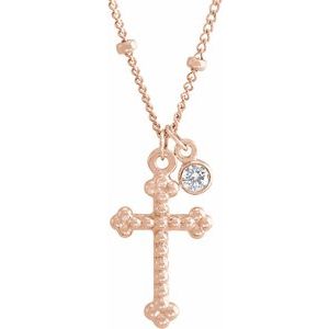 14K Rose .06 CT Natural Diamond Beaded Cross 20" Necklace