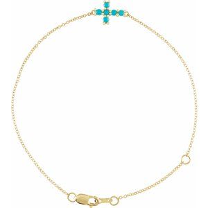 14K Yellow Natural Turquoise Sideways Cross 6 1/2-7 1/2" Bracelet